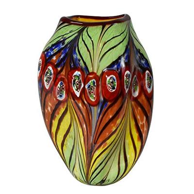 Dale Tiffany Peacock Feather Hand Blown Art Glass Vase Green, Yellow, Orange and Blue