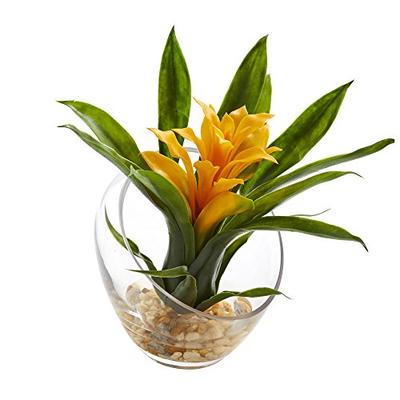 Nearly Natural Tropical Bromeliad in Angled Vase 8" Yellow